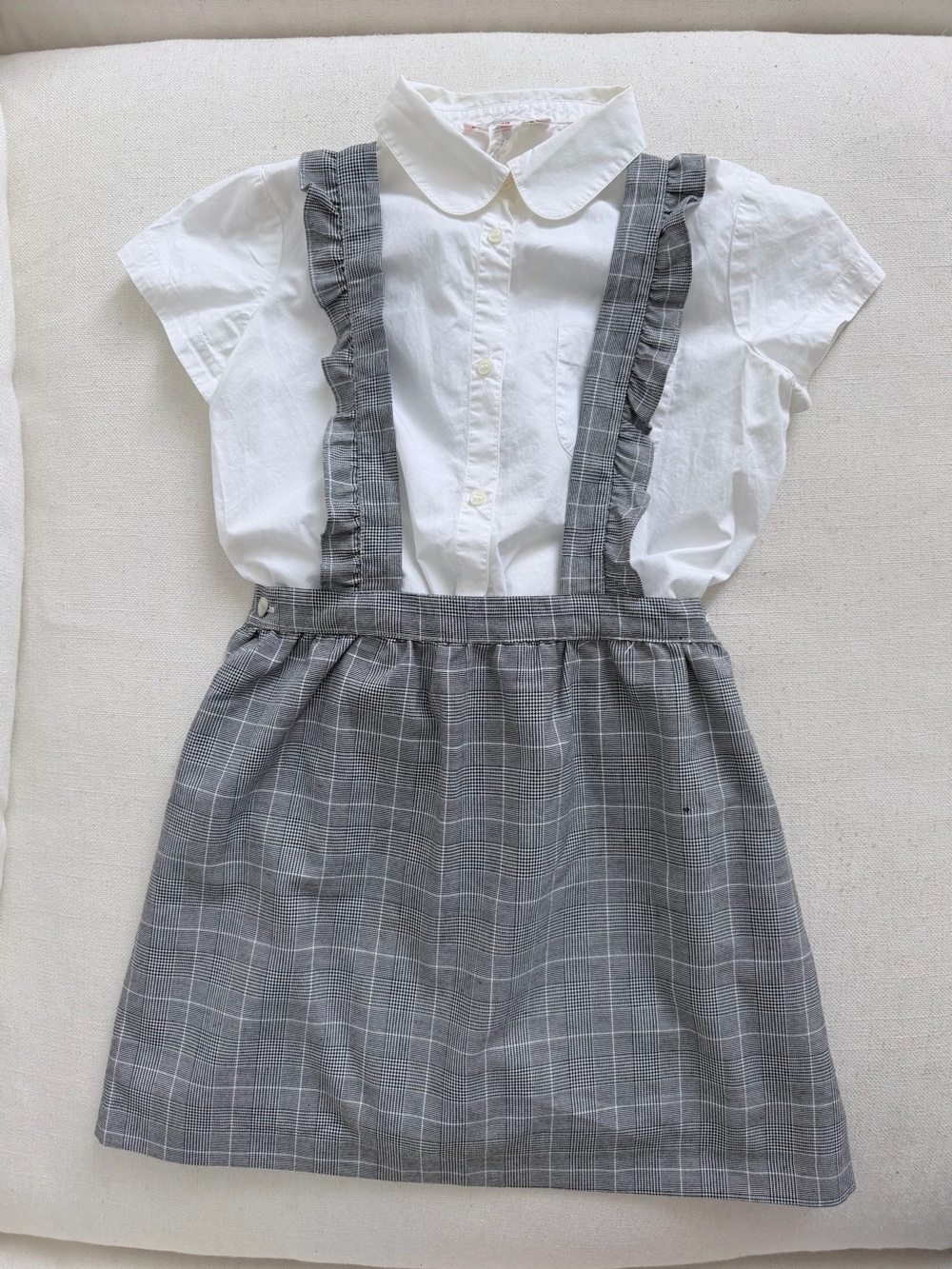 LA COQUETA Girls Gray Plaid Pinafore Skirt & BONPOINT white blouse